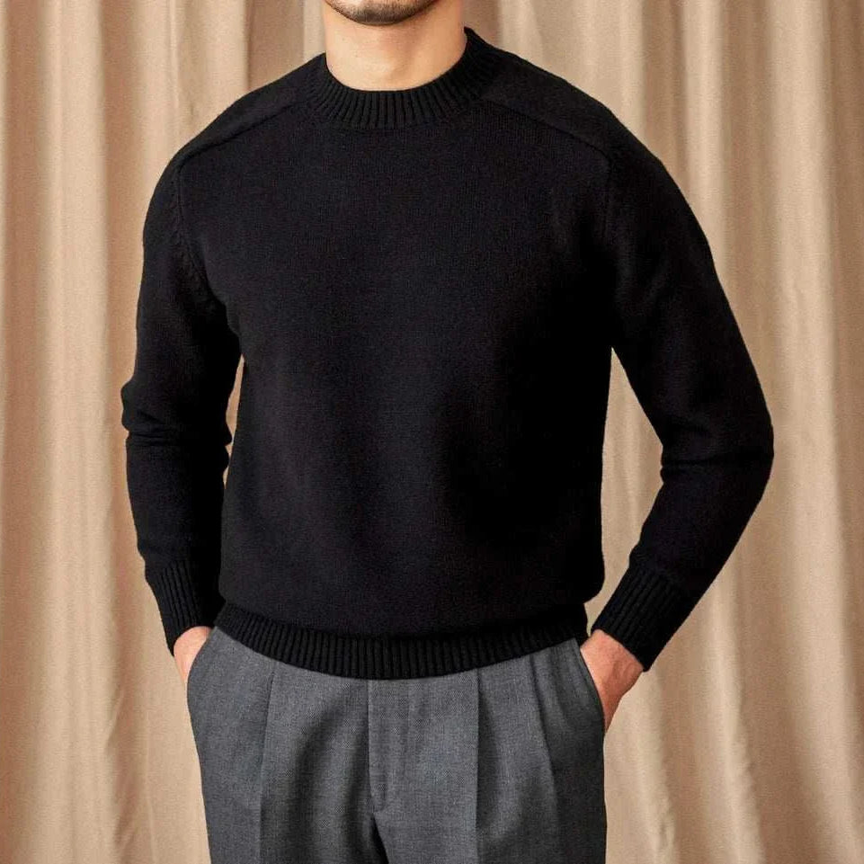 Japanese casual winter sweater for men in black, cotton-wool blend.