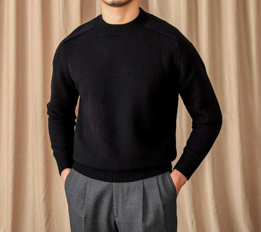 Japanese casual winter sweater for men in black, cotton-wool blend.