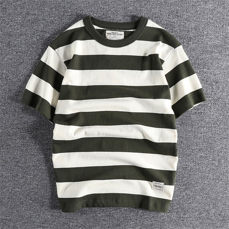 Summer Striped T-Shirt with green and white horizontal stripes, made from cotton and linen blend.