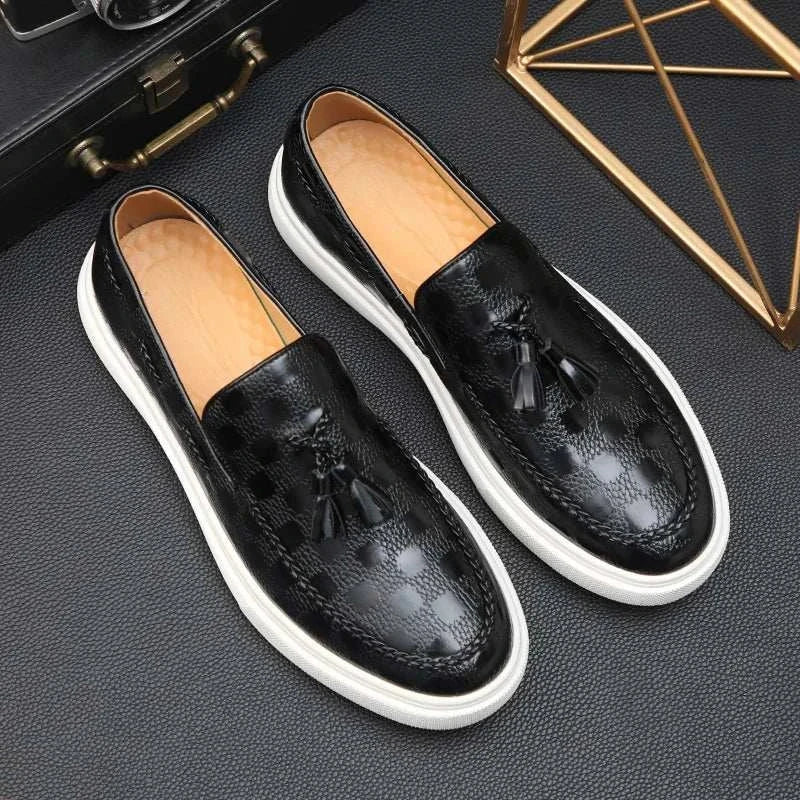 OXFORD plaid pattern loafers in black, elegant men's shoes with non-slip rubber outsole.
