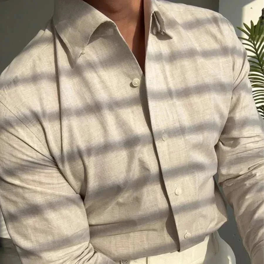 Men's office suit long sleeve shirt in solid beige, ideal for spring and summer.