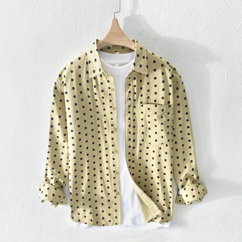 Men's Antonios Pure Cotton Shirt with dot print design hanging against a white background.