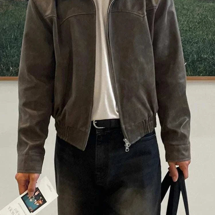 Autumn vintage PU leather jacket for men, stylish and durable faux leather.