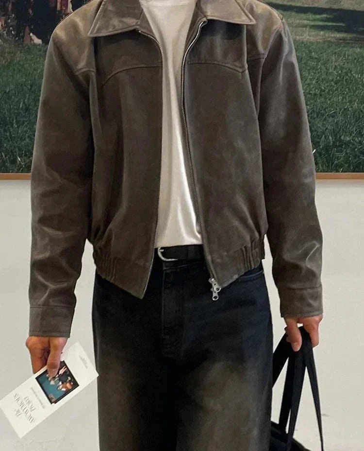 Autumn vintage PU leather jacket for men, stylish and durable faux leather.