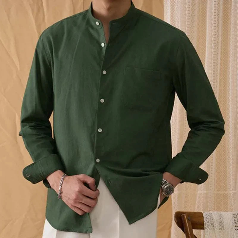Men's green Antonios cotton-linen long sleeve shirt.