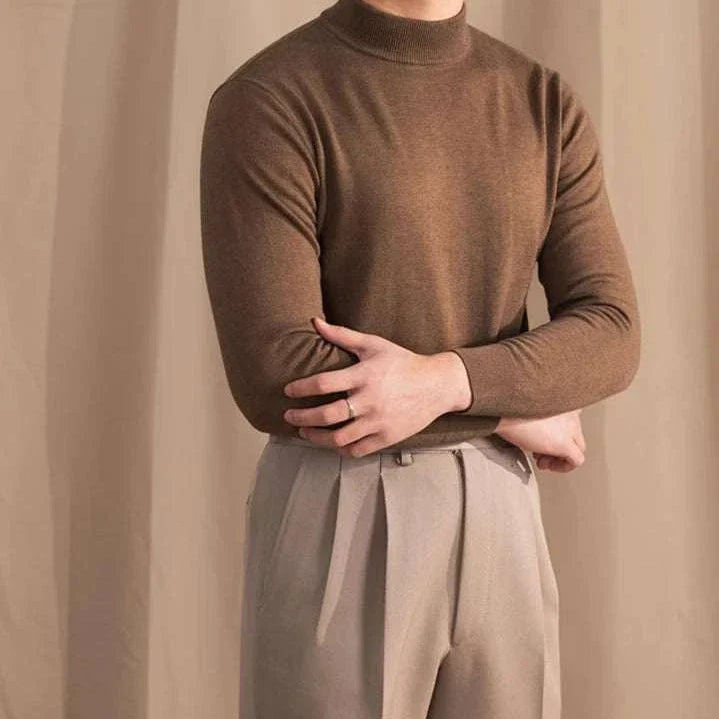 Antonios slim fit half-turtleneck sweater for men in brown, cozy wool blend.