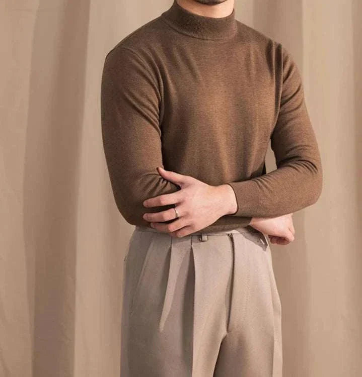 Antonios slim fit half-turtleneck sweater for men in brown, cozy wool blend.