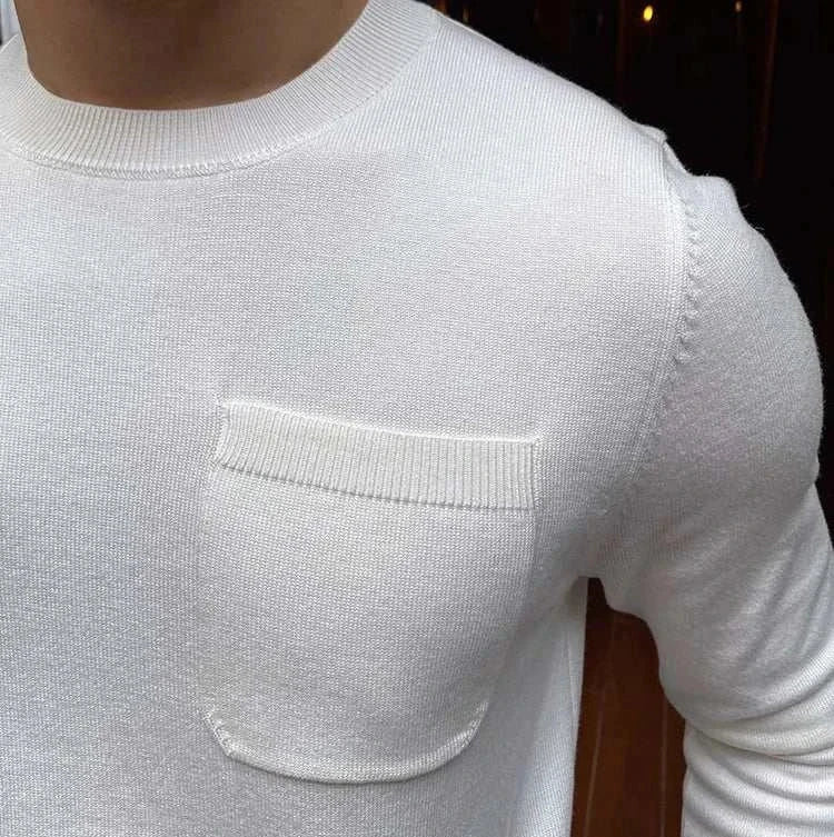 Antonios office premium sweater in white with pocket detail, ideal for business settings.