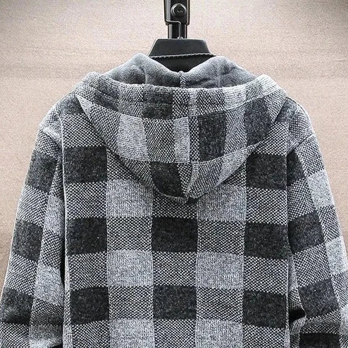 LUXELY plaid jacket in cotton and wool, casual style for men, gray-black checkered pattern, all-season wear.