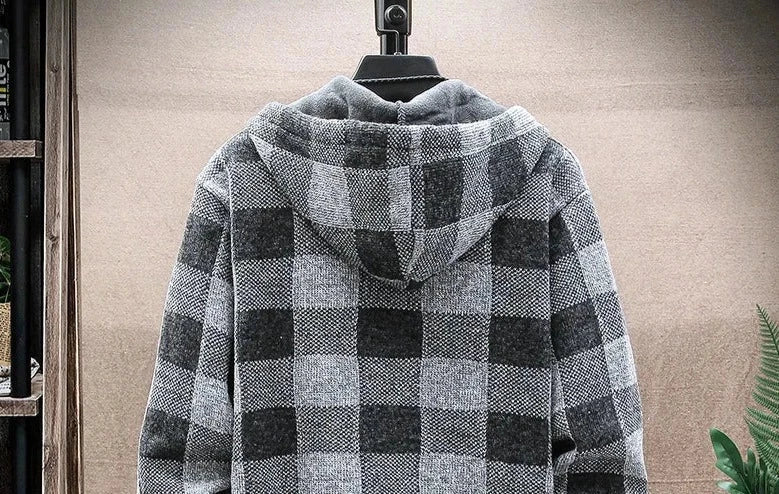 LUXELY plaid jacket in cotton and wool, casual style for men, gray-black checkered pattern, all-season wear.