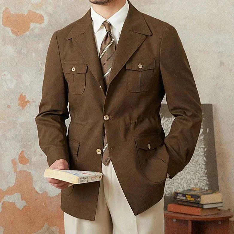Autumn vintage old money coat in brown for men, classic style.