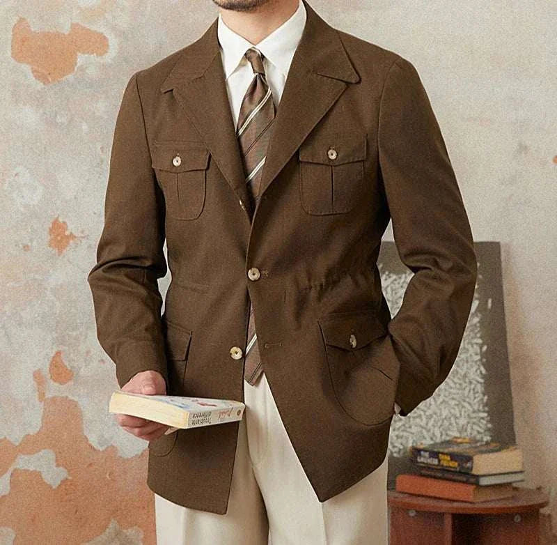 Autumn vintage old money coat in brown for men, classic style.