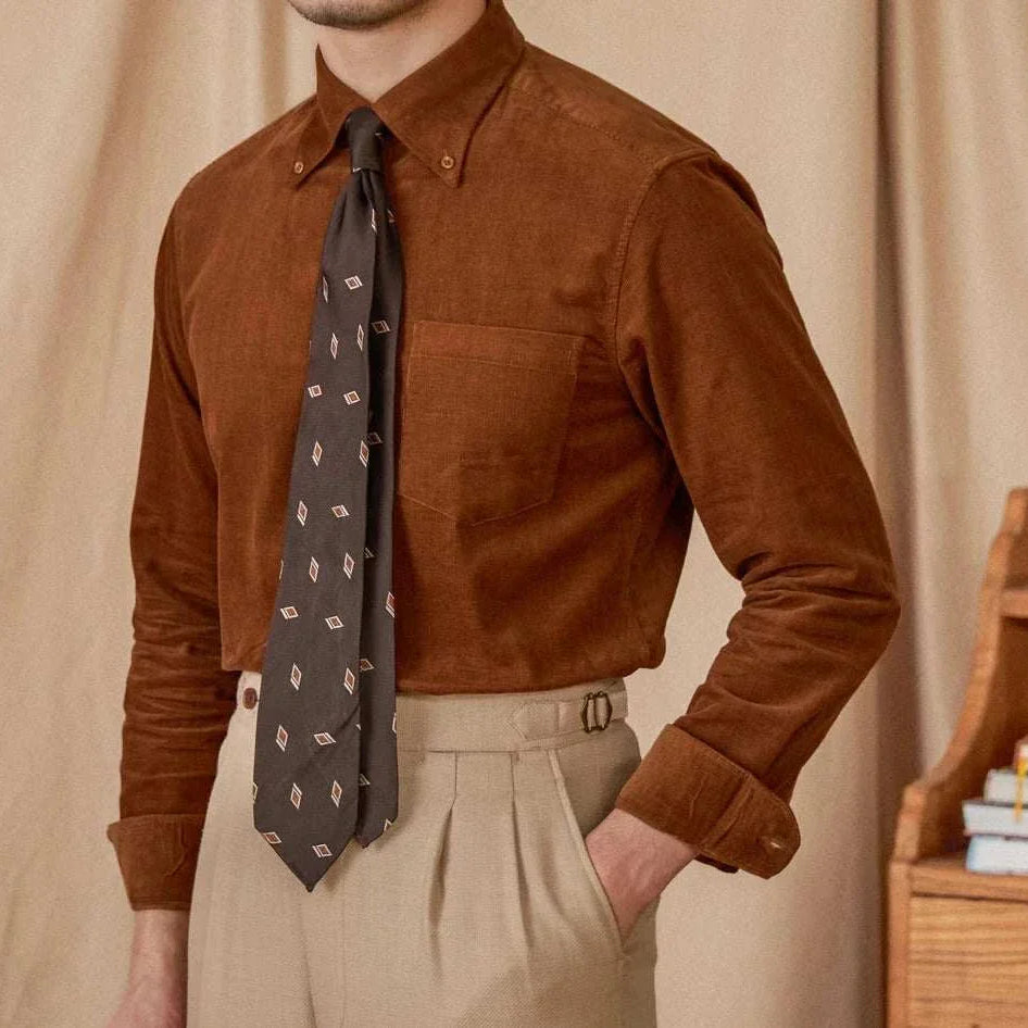 Autumn vintage corduroy shirt in brown, perfect for cooler months and stylish wear.