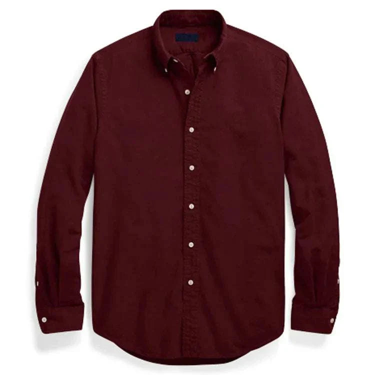 Oxford business casual long sleeve cotton shirt for men in deep burgundy.