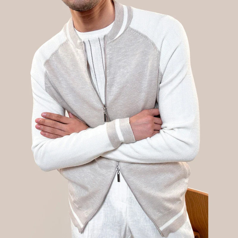 Men's Oxford dual zipper jacket in white polyester with casual style.