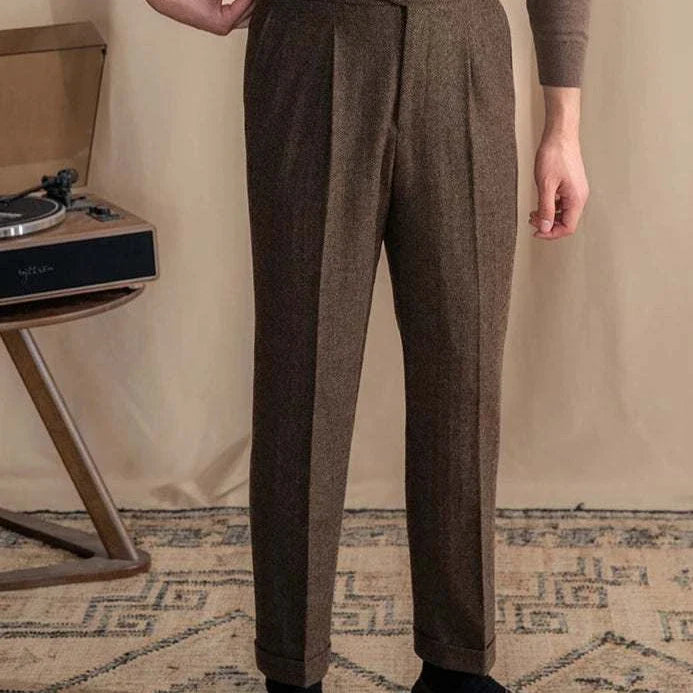 Antonios vintage wool herringbone pants in smart casual style.