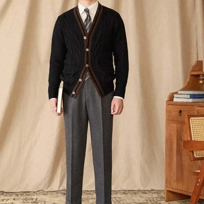 Antonios twisted knit cardigan, Italian vintage style in dark wool, men's fashion.