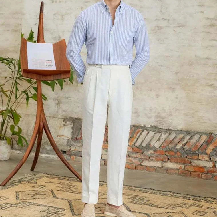 Antonios business striped long-sleeve shirt in linen and cotton blend worn by a man in a stylish setting.