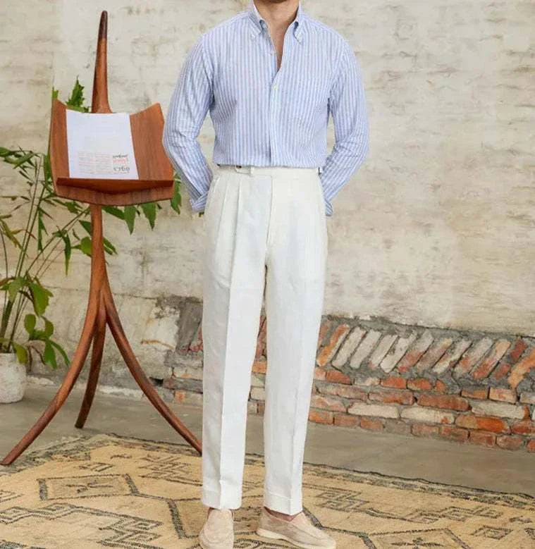 Antonios business striped long-sleeve shirt in linen and cotton blend worn by a man in a stylish setting.