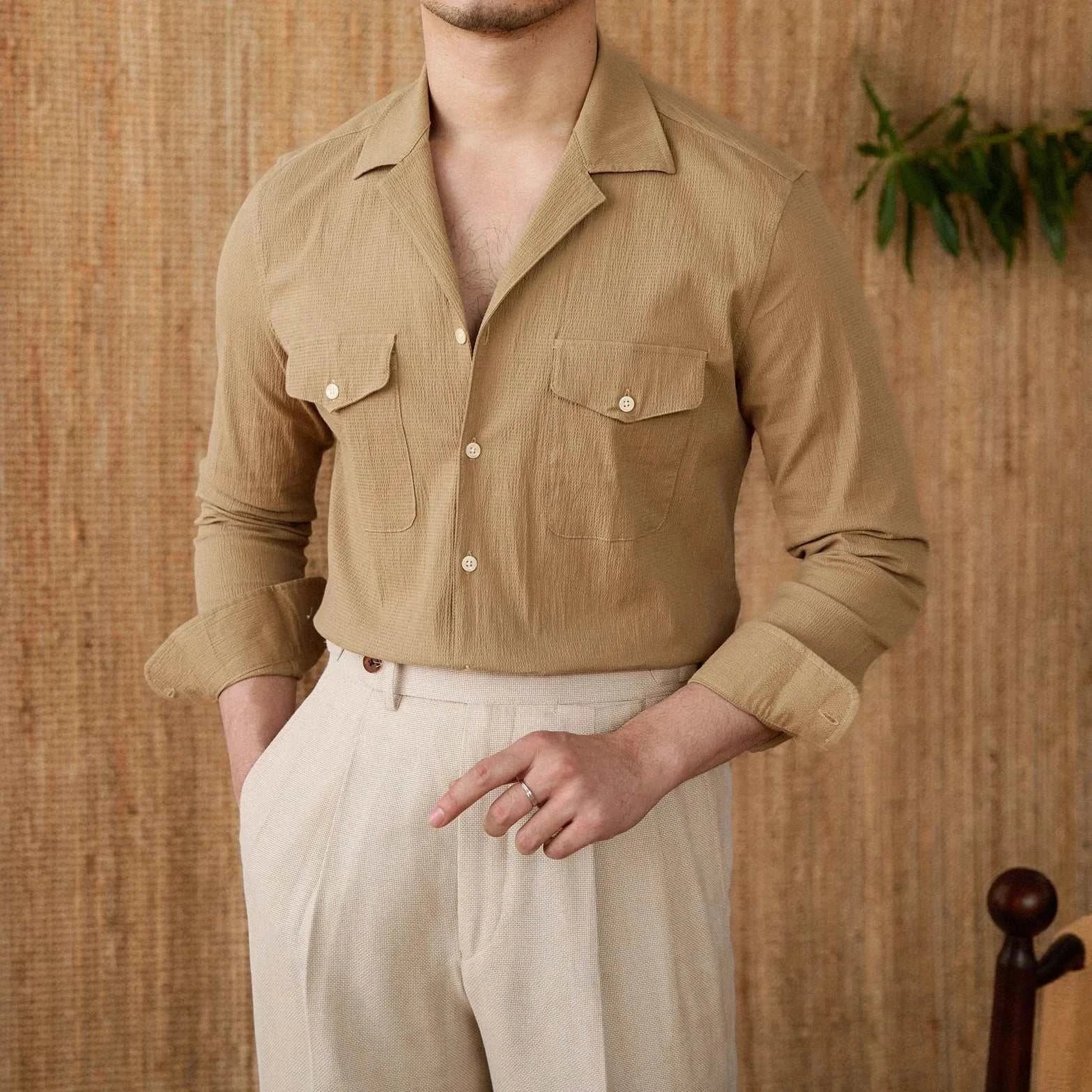 Men's Cuban collar relaxed fit elegant shirt in solid light brown cotton, ideal for casual or office wear.
