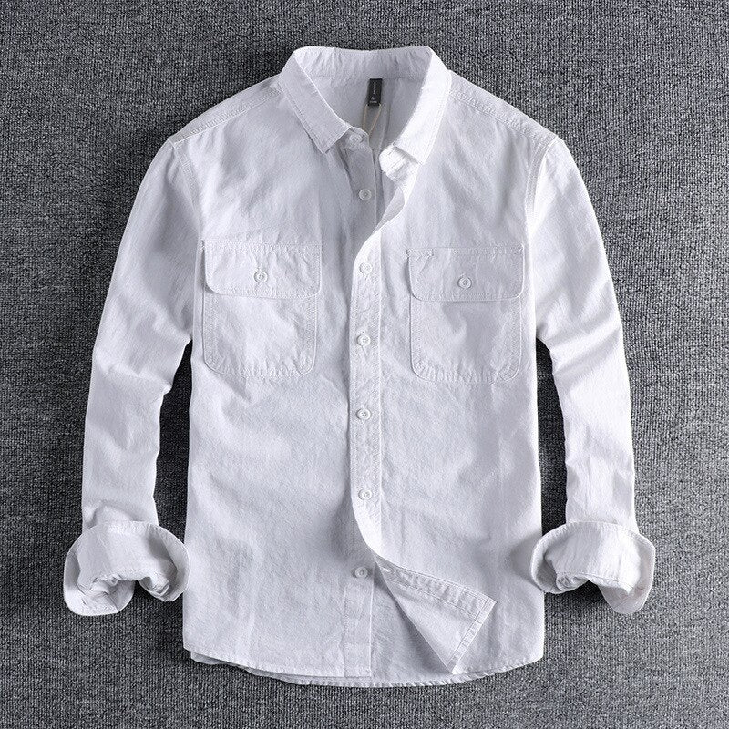 Vintage-Retro Cotton Shirt for men, white, long-sleeved, breathable, smart casual style.