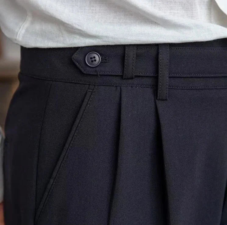 Antonios draped suit pants with Korean-inspired elegance, smart casual style.