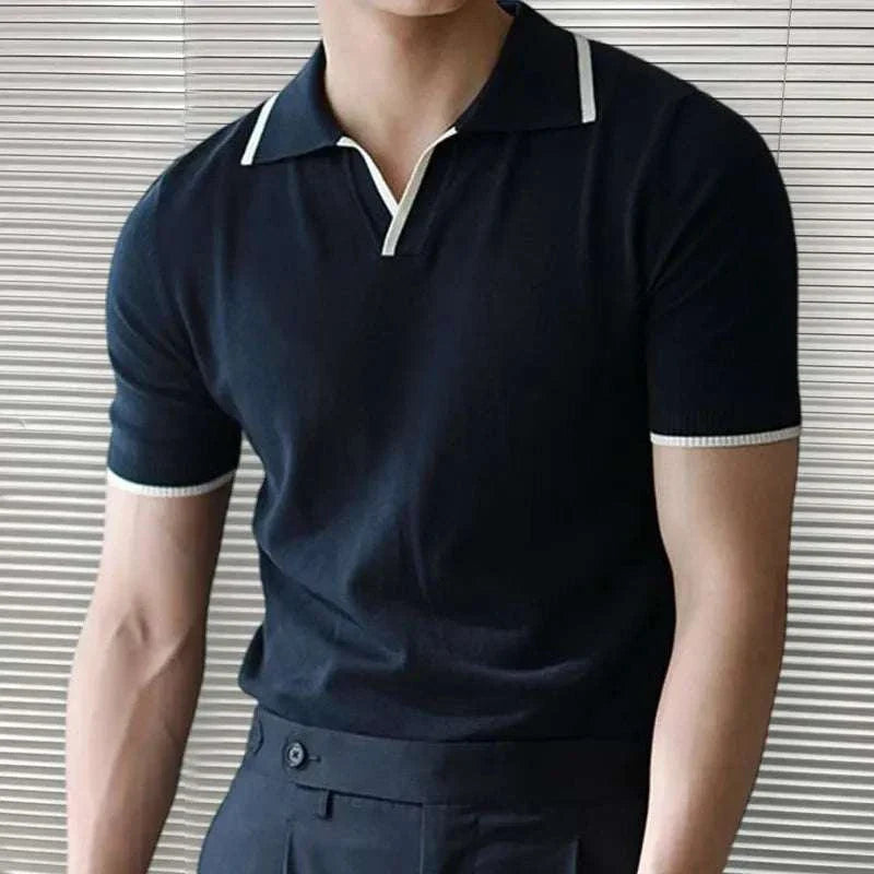 Men's knitted polo collar t-shirt in solid black, short sleeves, casual elegant style.