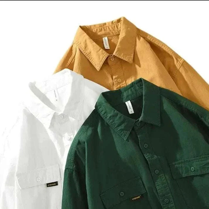 Pure cotton casual spring shirts in white, green, and brown, showcasing solid colors for men, perfect for spring and summer.