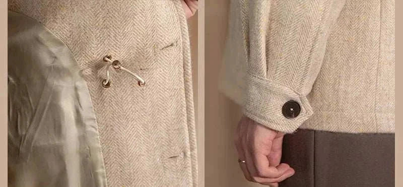 Close-up of British winter premium jacket detailing, featuring wool fabric and buttoned cuffs.