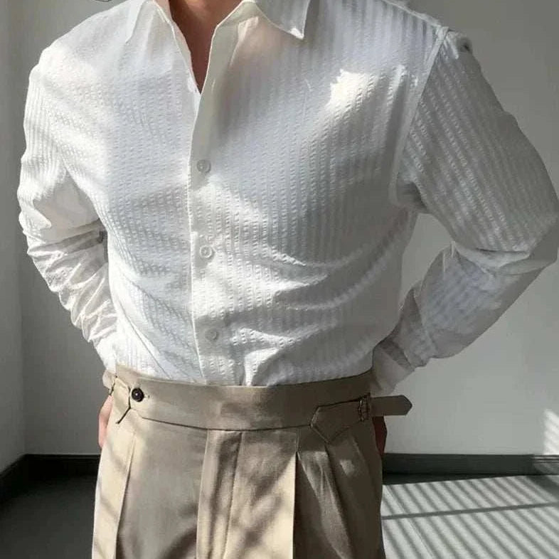 Antonios British casual striped shirt, classic collar, comfortable polyester fabric, men's fashion.