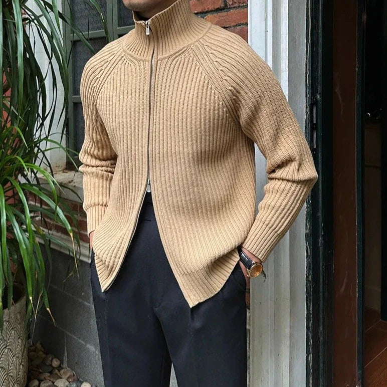 Men's retro cardigan in khaki, ribbed cotton design, casual elegant style.