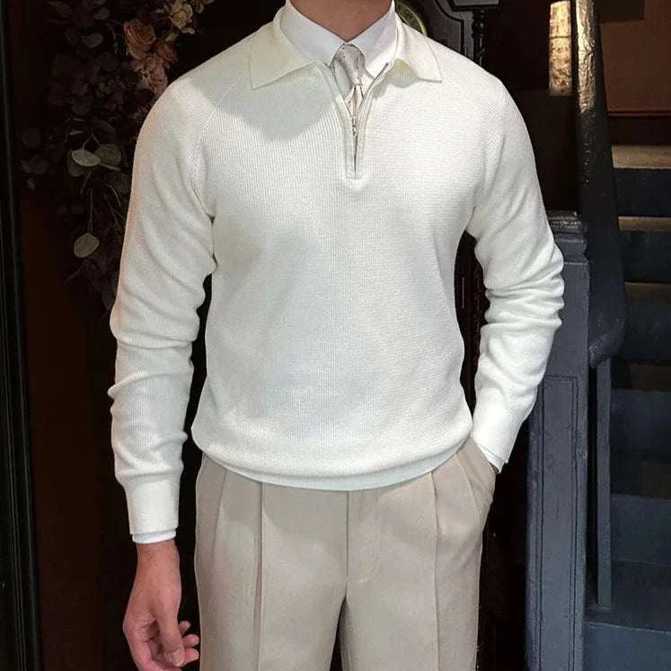 Oxford zipper sweater in white, solid pattern, acrylic material, suitable for men, casual and elegant style.