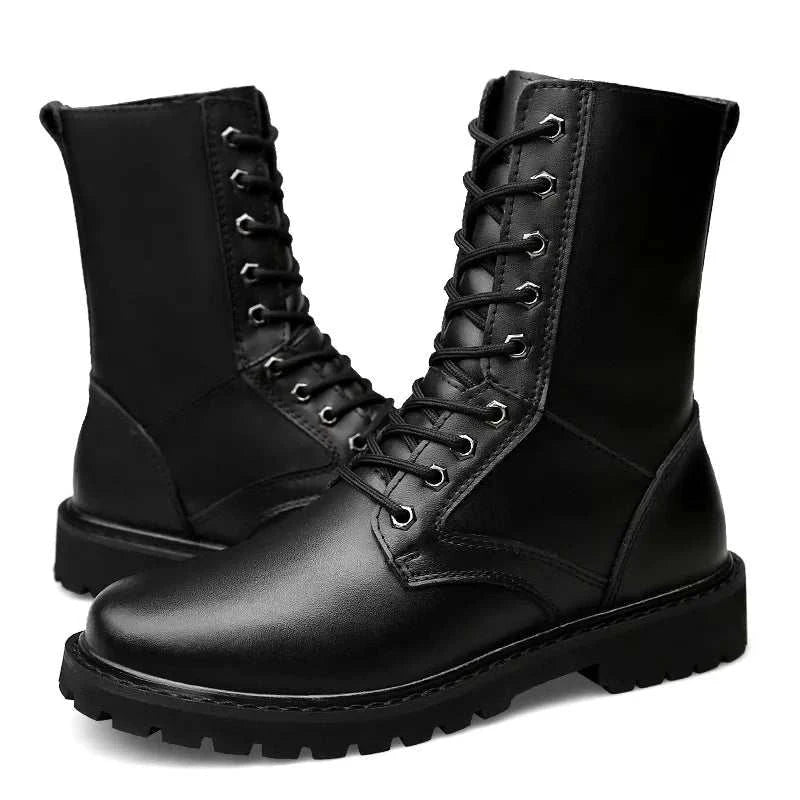 Genuine leather motorcycle boots with durable rubber soles.