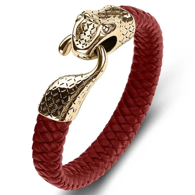 Snake leather bracelet with gold-plated stainless steel snake head, durable and stylish accessory.