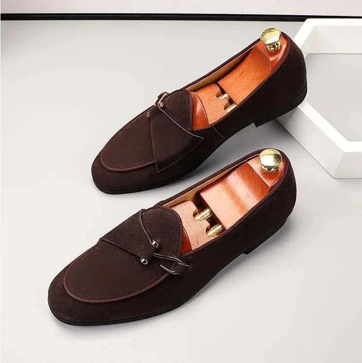 Elegant suede leather loafers for men in brown, featuring cushioned insole and intricate perforations.