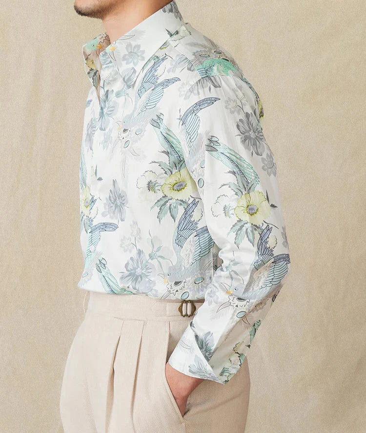 Soft cotton printed long-sleeved shirt with floral design on a male model.