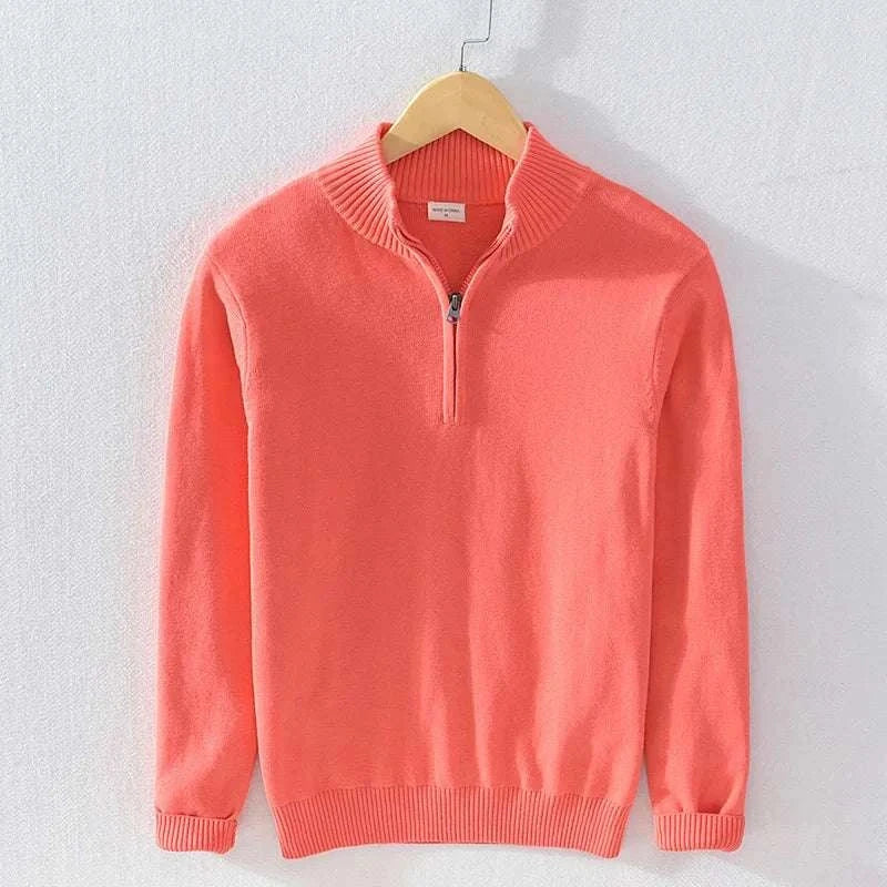 Men's autumn half zipper cotton sweater in soft coral.