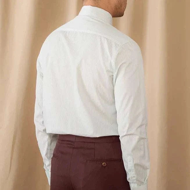 Business slim fit long sleeve premium shirt for men, back view, in white polyester fabric.