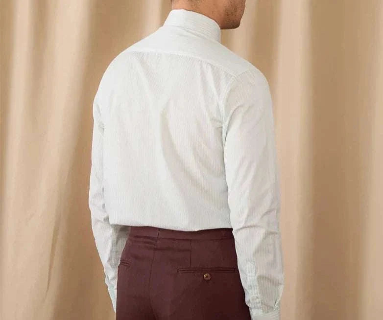 Business slim fit long sleeve premium shirt for men, back view, in white polyester fabric.