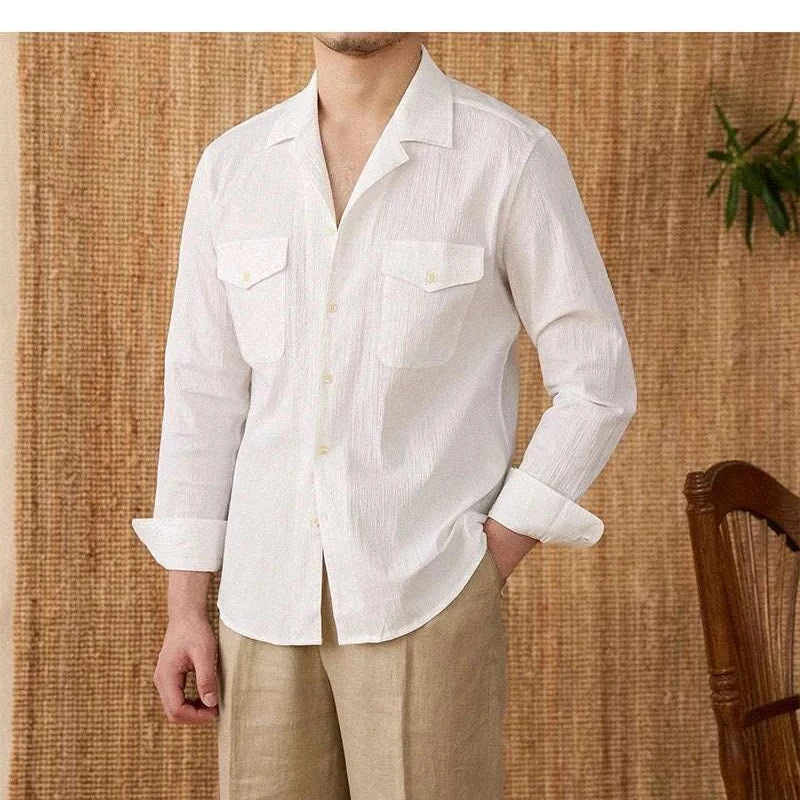 Cuban collar relaxed fit elegant white shirt for men, perfect for casual or office settings.