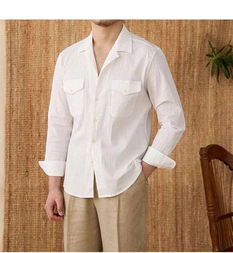 Cuban collar relaxed fit elegant white shirt for men, perfect for casual or office settings.
