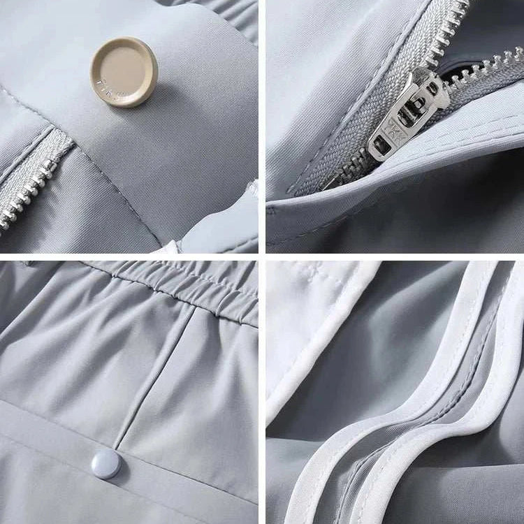 Close-up of gray business chino pants showcasing button, zipper, waistband, and pocket details made with spandex.