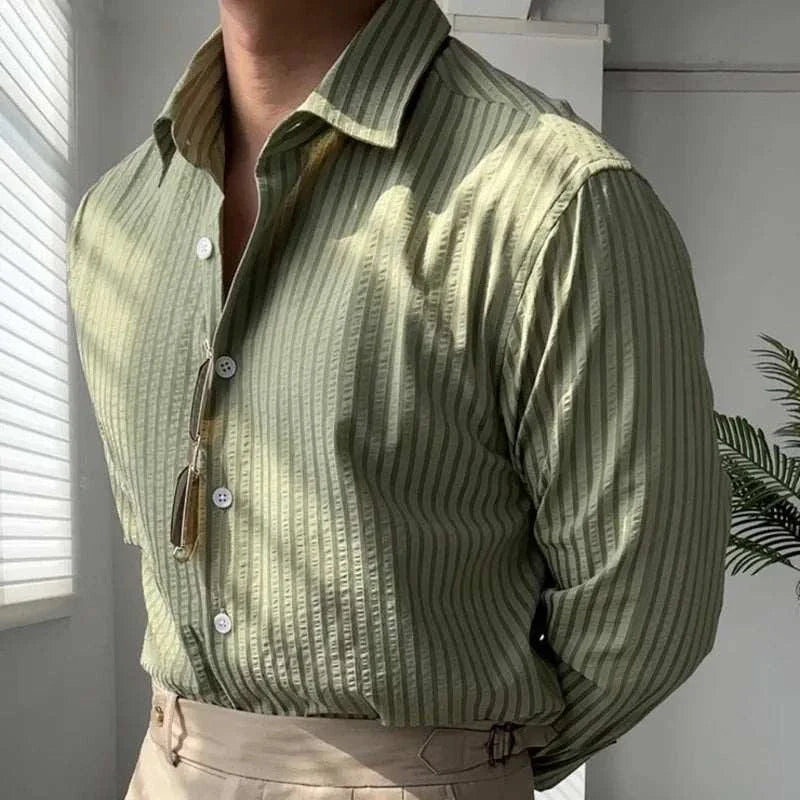 Men's green striped shirt by Antonios with classic collar, perfect for casual and elegant styles.