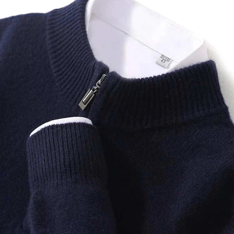 Luxury wool casual sweater with zipper detail, made from high-quality wool and cotton blend for all-season comfort.