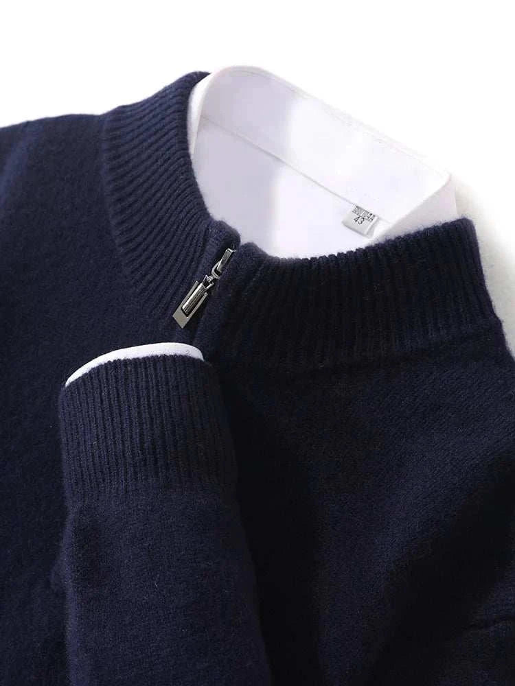 Luxury wool casual sweater with zipper detail, made from high-quality wool and cotton blend for all-season comfort.