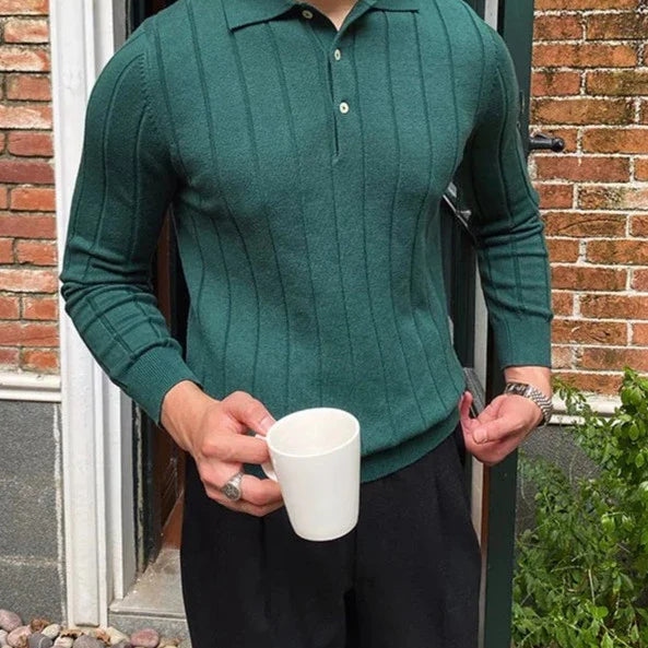 Oxford polo sweater in green, men's casual elegant style, solid pattern.