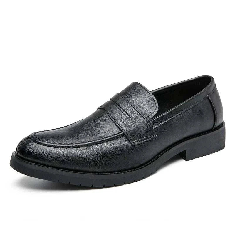 Black British casual loafers with rubber outsole, perfect for a laid-back style.