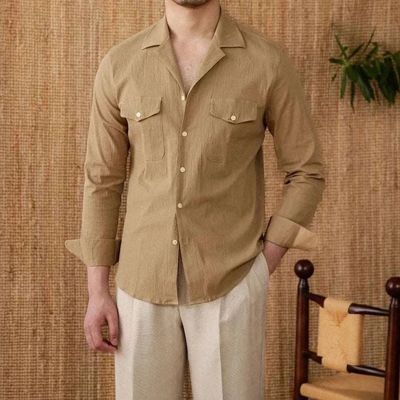 Men's Cuban collar relaxed fit elegant shirt in solid beige cotton fabric.