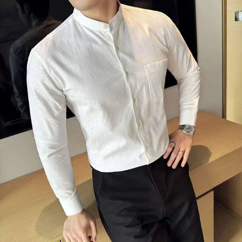Linen smart casual long-sleeve shirt for men, spring/summer style.