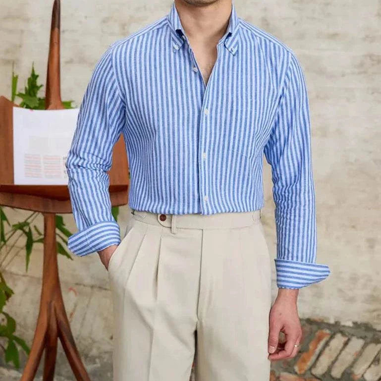 Antonios business striped long-sleeve shirt in blue and white, worn by a man.